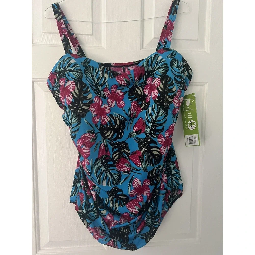 Fit 4 U V-Neck One-Piece AMulticolor Tropical Swimsuit‎ Sz 24W NWT